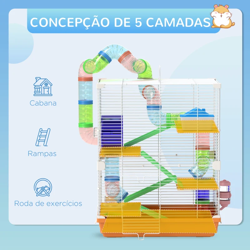 PawHut Gaiola para Hamster Gaiola para Pequenos Roedores com Túnel Comedouro Bebedouro Casa Rampas e Roda de Exercício 46x30x58 cm Laranja