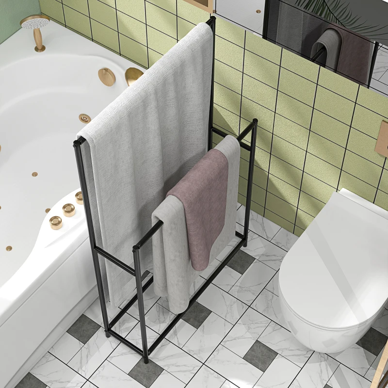 HOMCOM Toalheiro de Pé de 2 Níveis Toalheiro Casa de Banho com 2 Barras e Estrutura de Metal 66x20x110 cm Preto