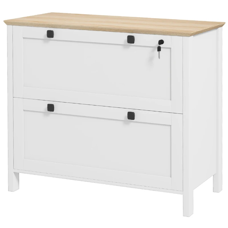 HOMCOM Armário de Escritório Móvel Arquivador com 2 Gavetas 2 Barras Suspensas para Tamanho A4 e 2 Chaves 79x40x72 cm Branco e Madeira