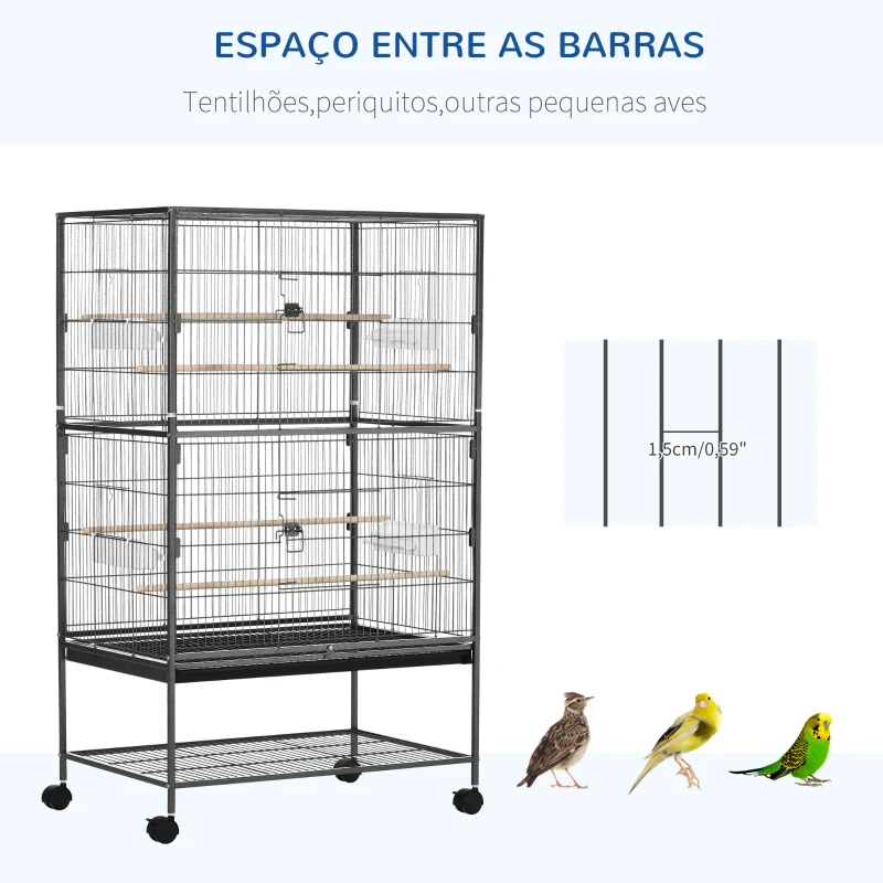 PawHut Gaiola para Pássaros com Rodas Bandeja Amovível 4 Portas 4 Comedouros e Prateleira de Armazenamento 78x52x132cm Cinza
