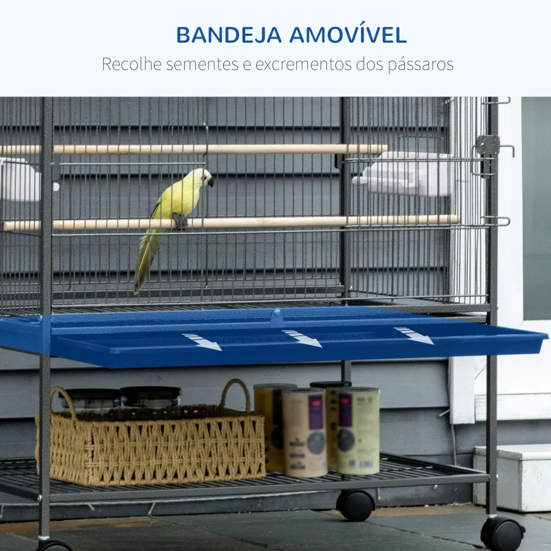 PawHut Gaiola para Pássaros com Rodas Bandeja Amovível 4 Portas 4 Comedouros e Prateleira de Armazenamento 78x52x132cm Cinza