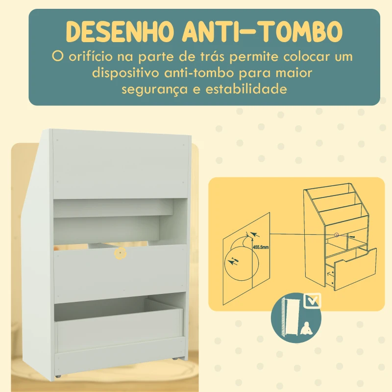 HOMCOM Estante de Madeira para Brinquedos com 3 Compartimentos 2 Prateleiras e Gaveta Móvel com 4 Rodas 60x29,9x90 cm Verde