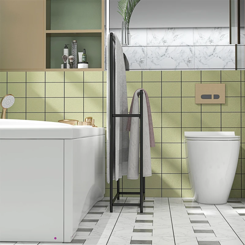 HOMCOM Toalheiro de Pé de 2 Níveis Toalheiro Casa de Banho com 2 Barras e Estrutura de Metal 66x20x110 cm Preto