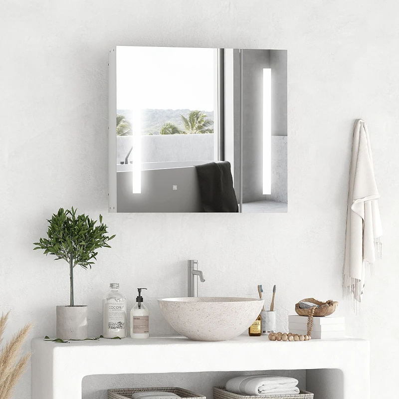 kleankin Armário com Espelho de Casa de Banho com Luz LED Suspenso 2 Portas e Interruptor Tátil Estilo Moderno 70x15x65 cm Branco