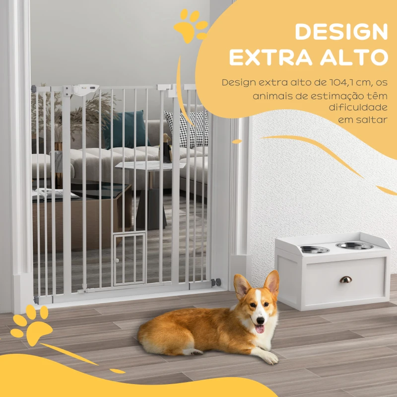 PawHut Barreira de Segurança para Cães com Porta Pequena Fechamento Automático e Sistema Duplo de Bloqueio 74-101x104,1 cm Branco