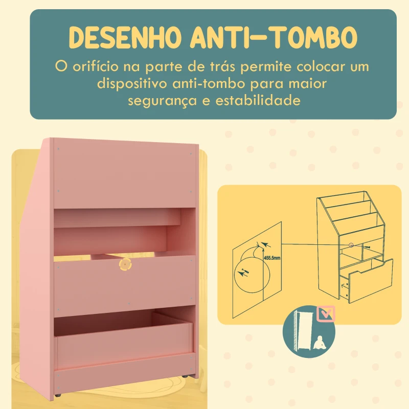 HOMCOM Estante de Madeira para Brinquedos com 3 Compartimentos 2 Prateleiras e Gaveta Móvel com 4 Rodas 60x29,9x90 cm Rosa