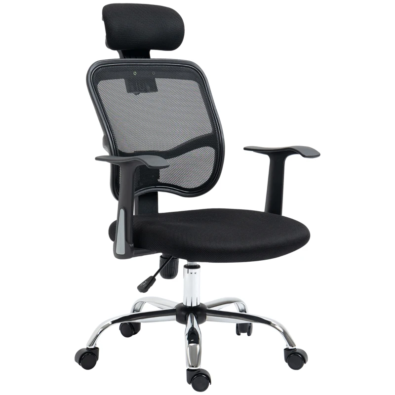 Vinsetto Cadeira de Escritório Giratória Ergonômica com Altura Ajustável Função de Inclinação Apoio para a Cabeça e Suporte Lombar 63x62x109-117cm Preto