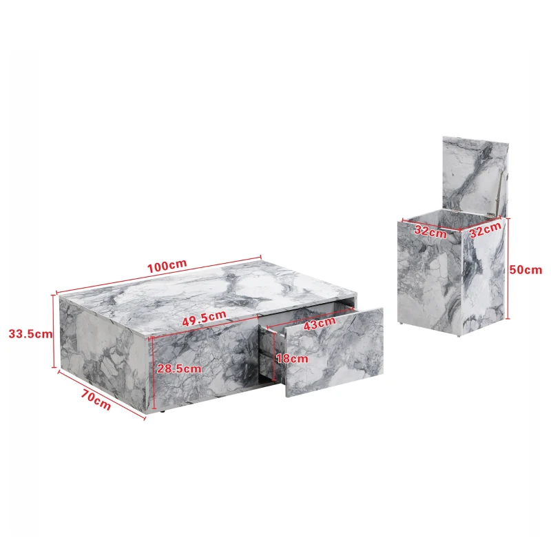 Set di Tavolini da Salotto Moderni in Marmo, Tavolo Grande con Cassetti e Tavolino con Spazio di Stoccaggio, 100x33,5x70 cm + 32x32x50 cm, Bianco