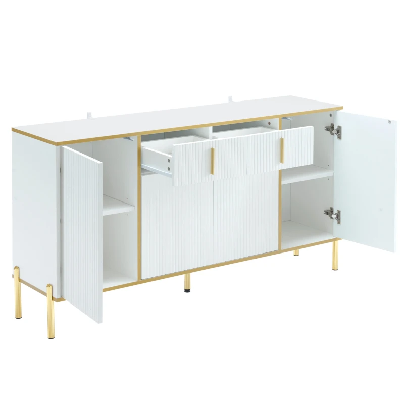 Credenza Elegante con Dettagli Dorati, Cassetti Silenziosi e Ripiani Regolabili, 140x35x76 cm - Perfetta per Cucina e Soggiorno, Bianco