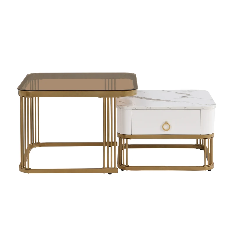 Set di Tavolini da Salotto Impilabili in Marmo Lucido e Vetro con Dettagli Dorati e Cassetti, 60x60x42,5 cm + 50x50x34 cm, Bianco