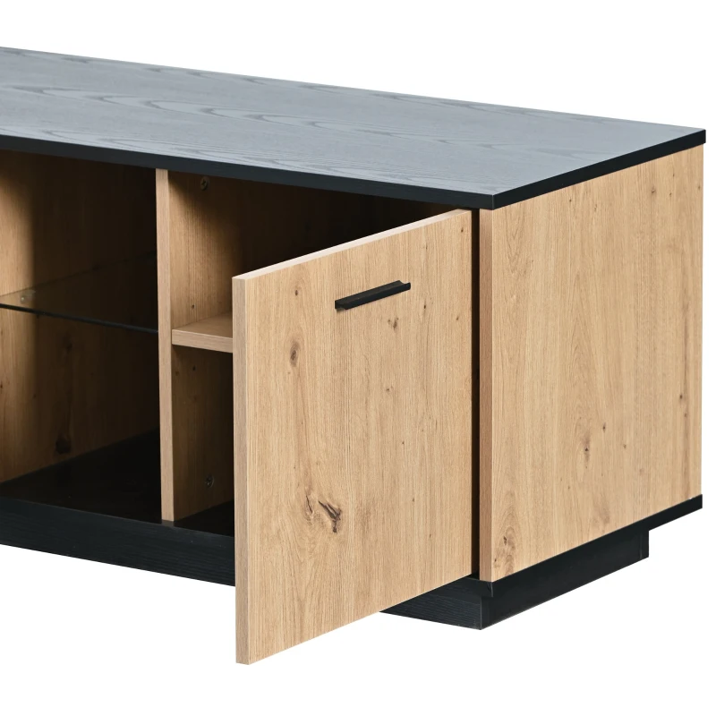 Mobiletto Porta TV con Una Cassetta, Tre Ante e Due Ripiani in Vetro, Illuminazione LED a 15 Colori Variabili, 180x40x45 cm, Nero+ Naturale