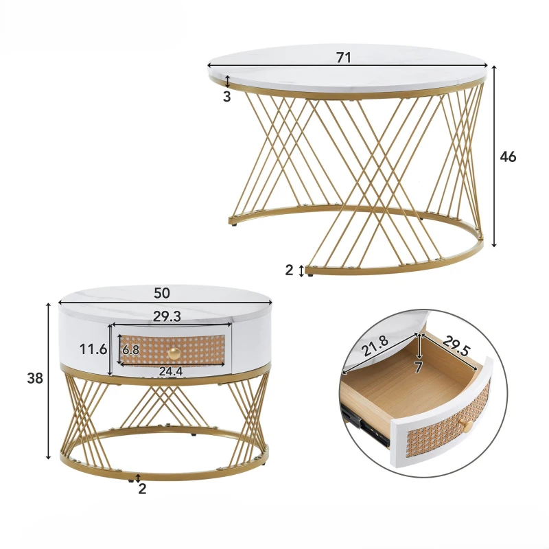 Set de 2 Măsuțe de Cafea Moderne Suprapuse din MDF cu Finisaj Marmorat și Sertare din Ratan Sintetic, 71x71x46 cm + 50x50x38 cm, Alb