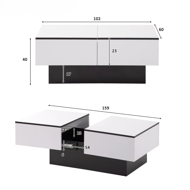 Tavolino Soggiorno Moderno Estensibile in MDF, con Finitura Lucida, 2 Cassetti e Meccanismo Push-to-Open, 102x60x40 cm, Bianco