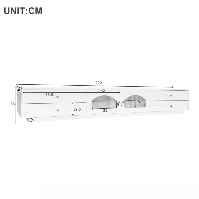 Mobiletto Porta TV Grande con 4 Cassetti e 2 Porte in Vetro, Sistema di Gestione dei Cavi, Supporto per TV fino a 90 Pollici, 220x40x33 cm, Bianco