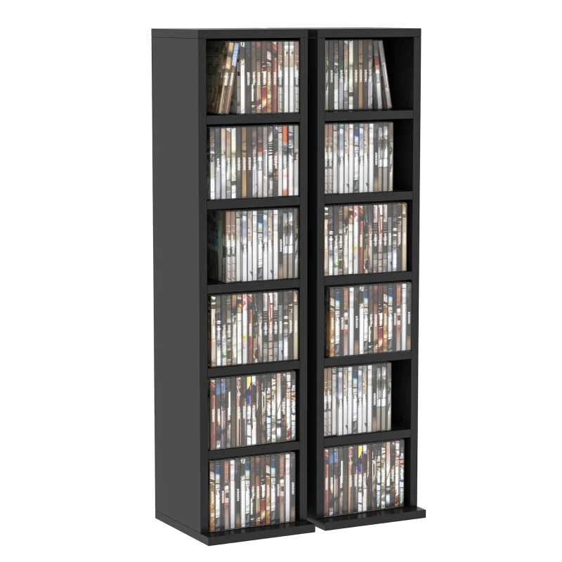 HOMCOM 204 CD Media Display Shelf Unit Set of 2 Blu-Ray Tower Rack w/ Adjustable Shelves Bookcase Storage Organiser, Black