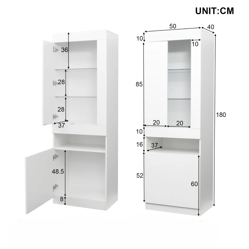 Vetrinetta Moderna con Illuminazione LED Multicolore a 16 Colori, Telecomando e Ripiani in Vetro, 50x40x180 cm, Bianco