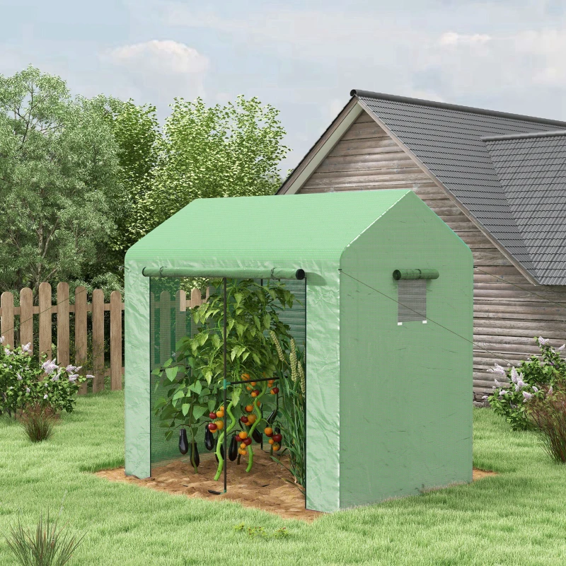Outsunny Greenhouse, Walk-in Garden Grow House with Roll-up Door and Mesh Windows, 200 x 140 x 200cm, Green