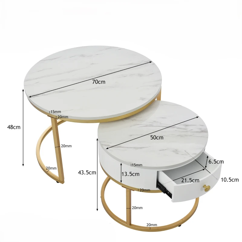 Tavolini Rotondi Annidati con Effetto Marmo Lucido, Struttura in Metallo, Utilizzo Versatile, 70x70x48 cm e 50x50x43.5 cm, Bianco