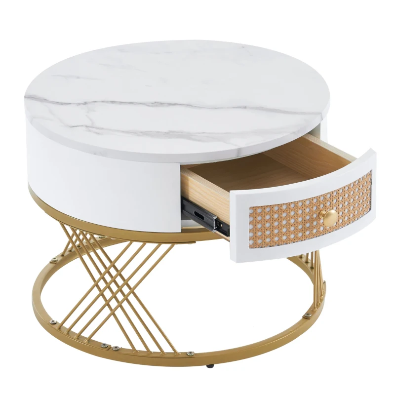 Set de 2 Măsuțe de Cafea Moderne Suprapuse din MDF cu Finisaj Marmorat și Sertare din Ratan Sintetic, 71x71x46 cm + 50x50x38 cm, Alb