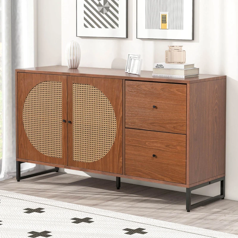 Credenza Moderna per Soggiorno e Cucina, con 2 Ante in Rattan e 2 Cassetti, Maniglie in Metallo, 130x40x75 cm, Colore Noce