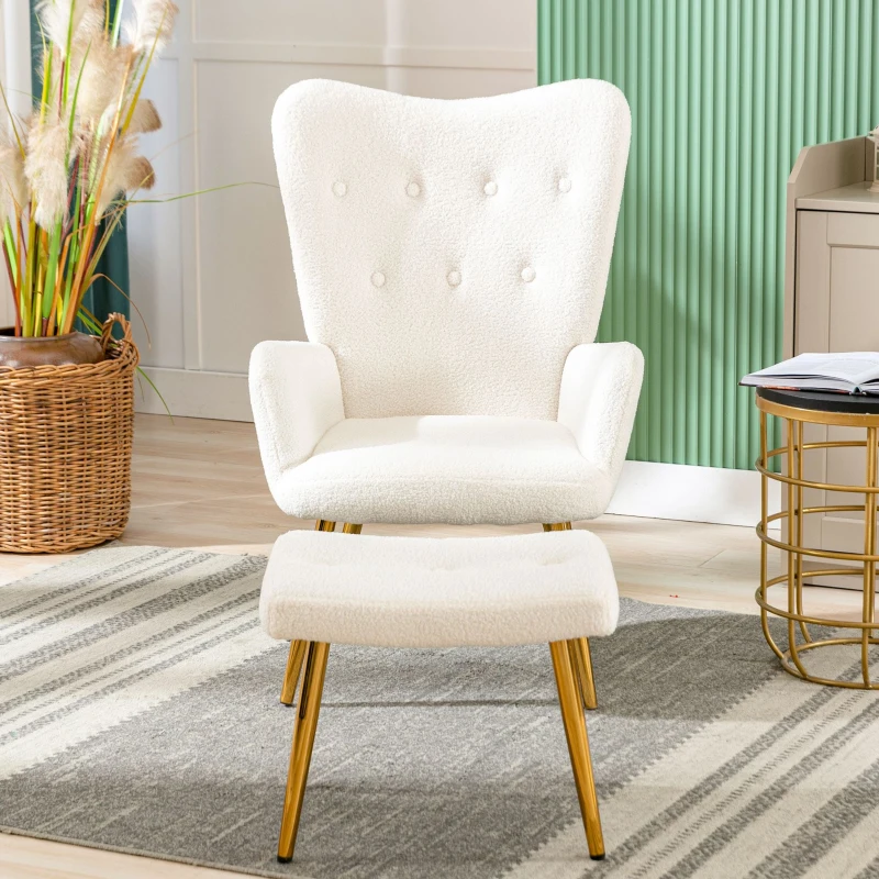 Poltrona Relax in Tessuto Teddy con Poggiapiedi, Design Ergonomico e Struttura in Metallo Dorato, 63x41.5x98 cm, Bianco