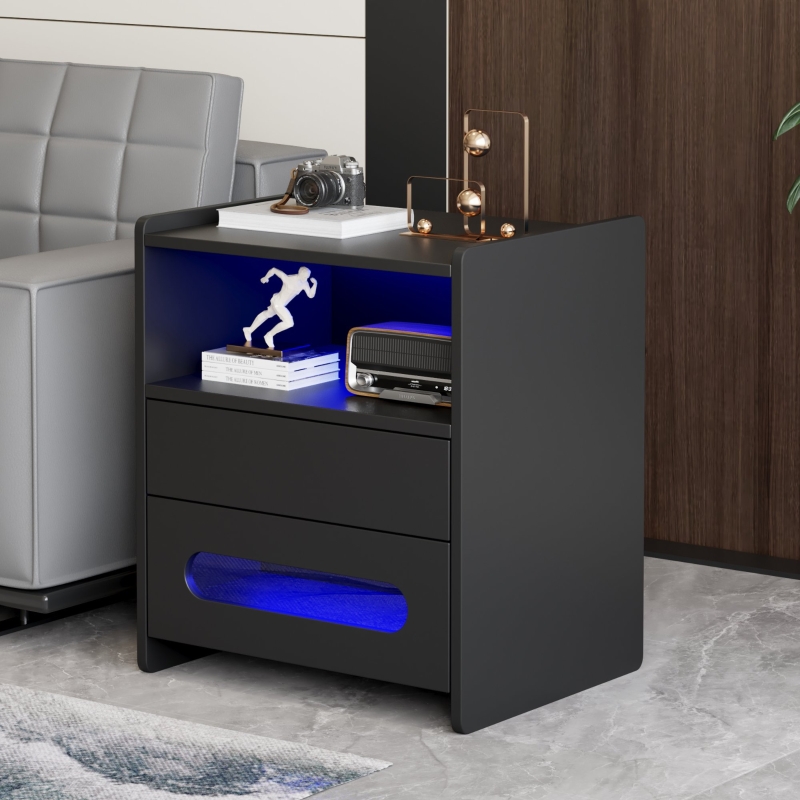 Set Di 2 Comodini Moderni Con LED RGB, Prese E Porte USB – 40x35x60 Cm – Colore Nero, 2 Cassetti, Telecomando Incluso - 6