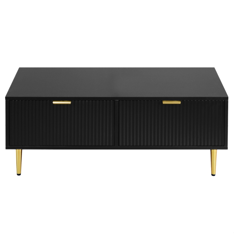 Tavolino Basso Elegante con Decorazioni Dorate, 2 Cassetti e Design a Righe Verticali, 100x50x40 cm - Tavolino da Salotto Moderno, Nero+Oro