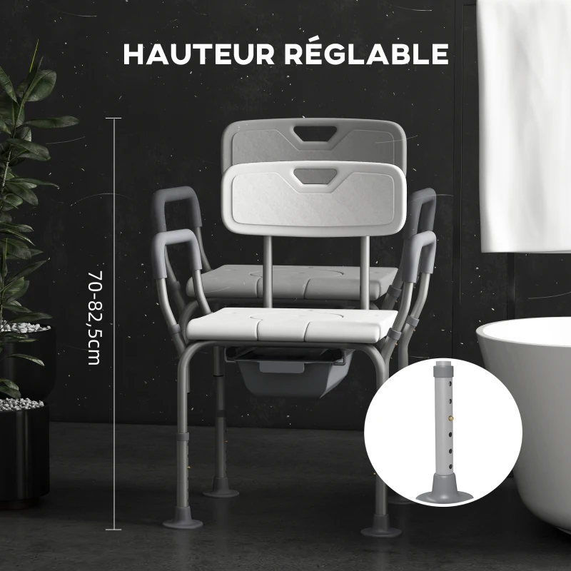 HOMCOM Chaise de douche chaise percée avec seau hauteur réglable pieds antidérapants charge max. 136Kg en aluminium HDPE blanc