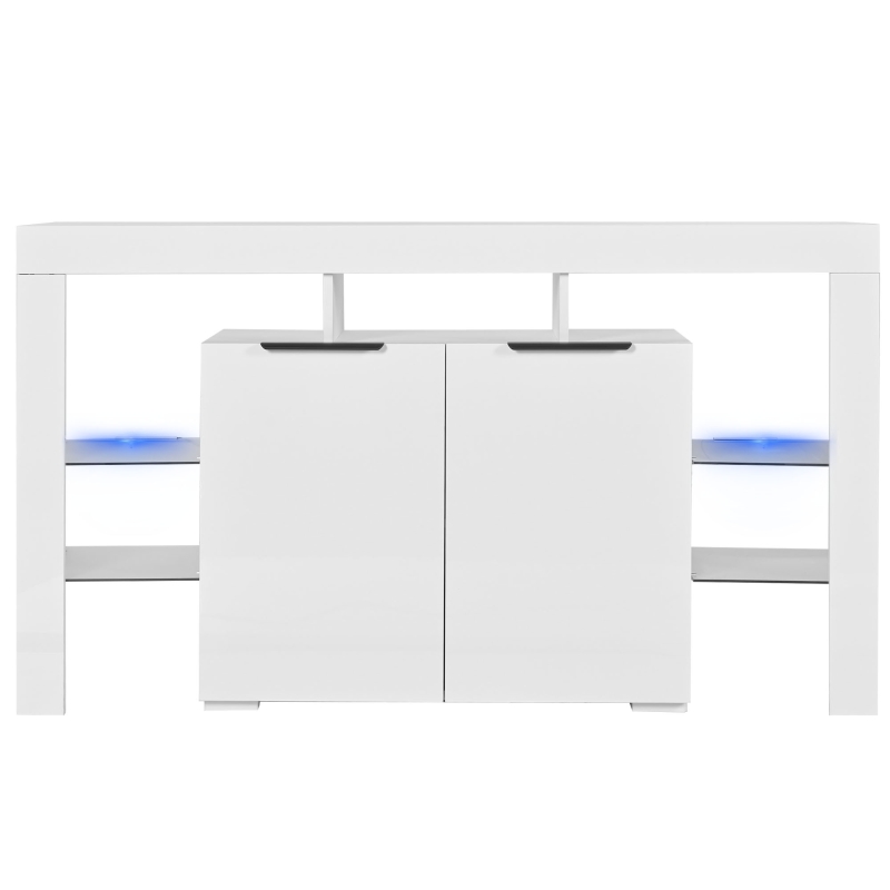 Comodă Modernă Luminoasă cu LED, 4 Rafturi din Sticlă și 2 Uși din Lemn, 140x40x80 cm pentru Living, Albă