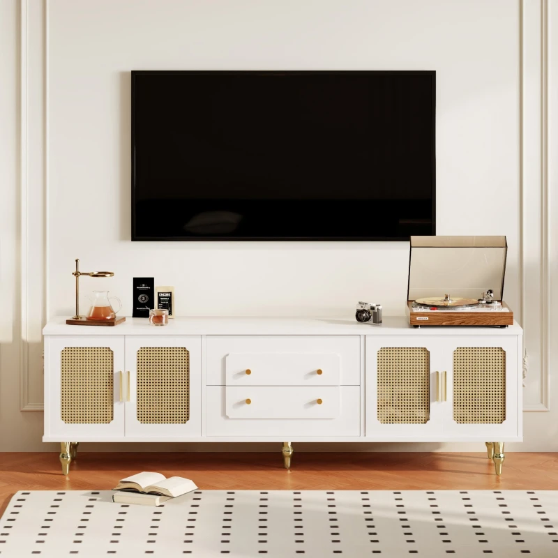 Mobiletto Porta TV in Stile Retro con Maniglie Dorate, Porte in Rattan e Gambe in Metallo, Ampio Spazio di Stoccaggio, 175x38x55,5 cm, Bianco