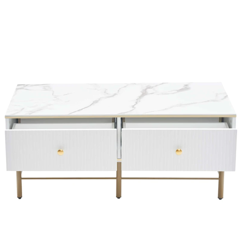 Tavolino da Salotto Moderno in Marmo con 4 Cassetti, Design Rettangolare e Lucido, 105x55x42,5 cm, Bianco