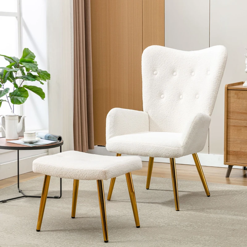 Poltrona Relax in Tessuto Teddy con Poggiapiedi, Design Ergonomico e Struttura in Metallo Dorato, 63x41.5x98 cm, Bianco