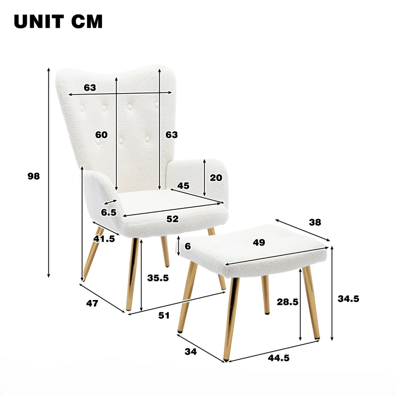Poltrona Relax in Tessuto Teddy con Poggiapiedi, Design Ergonomico e Struttura in Metallo Dorato, 63x41.5x98 cm, Bianco