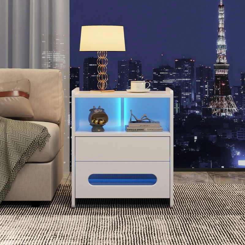 Comodino Moderno Con Luci LED RGB 16 Colori, 3 Cassetti, Bianco Lucido 35x40x55cm