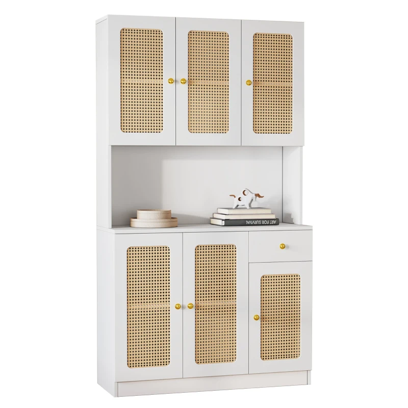 Credenza Alta in Rattan con 6 Ante e Cassetto Centrale Aperto, Ideale per Soggiorno e Ingresso, Credenza Moderna per Soggiorno, Bianco