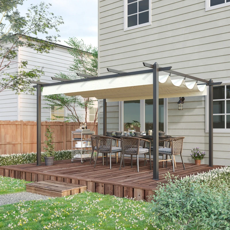 Outsunny 4 x 3(m) Aluminium Pergola with Retractable Roof, Garden Gazebo Canopy Shelter for Outdoor, Patio, Cream White