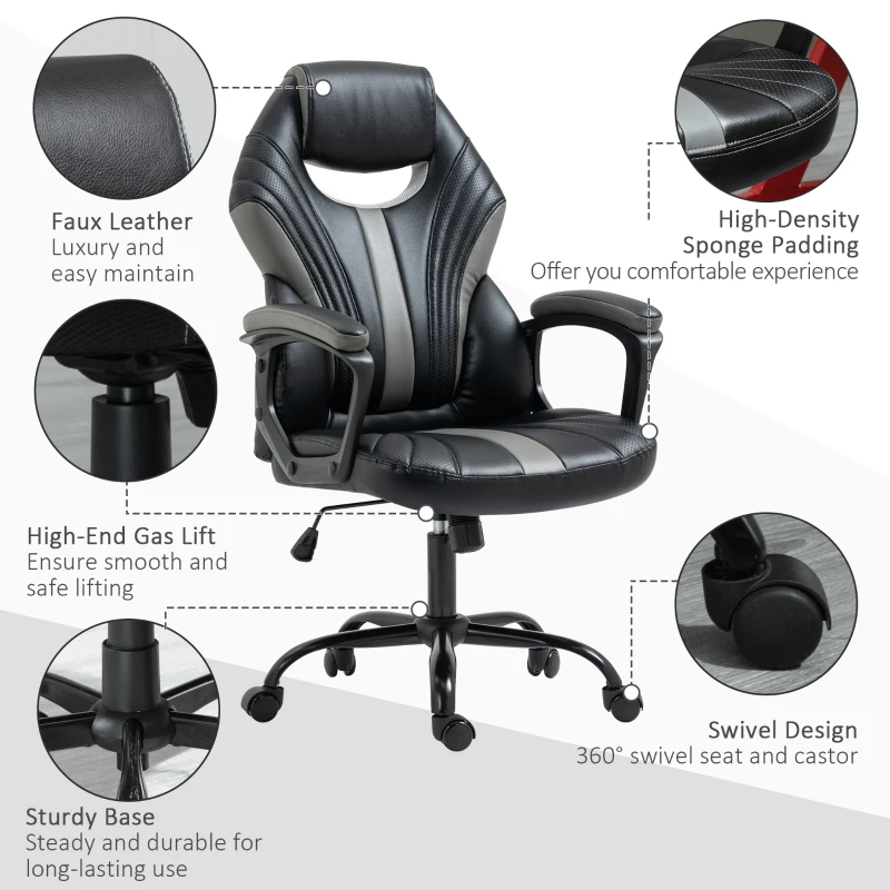 Vinsetto Computer Gaming Chair, Desk Chair with Breathable PU Leather Back and Seat, Soft Padded Armrests and Rolling Wheels for Adults and Gamers, Grey