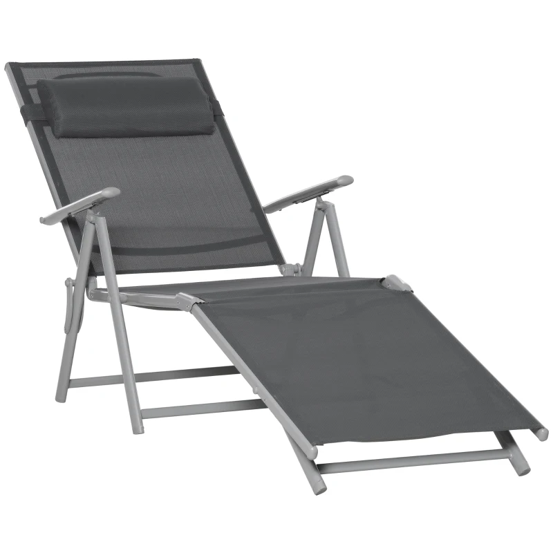 Outsunny Steel Fabric Sun Lounger Outdoor Folding Chaise Lounge Chair Recliner with Portable Design & 7 Adjustable Backrest Positions - Dark Grey
