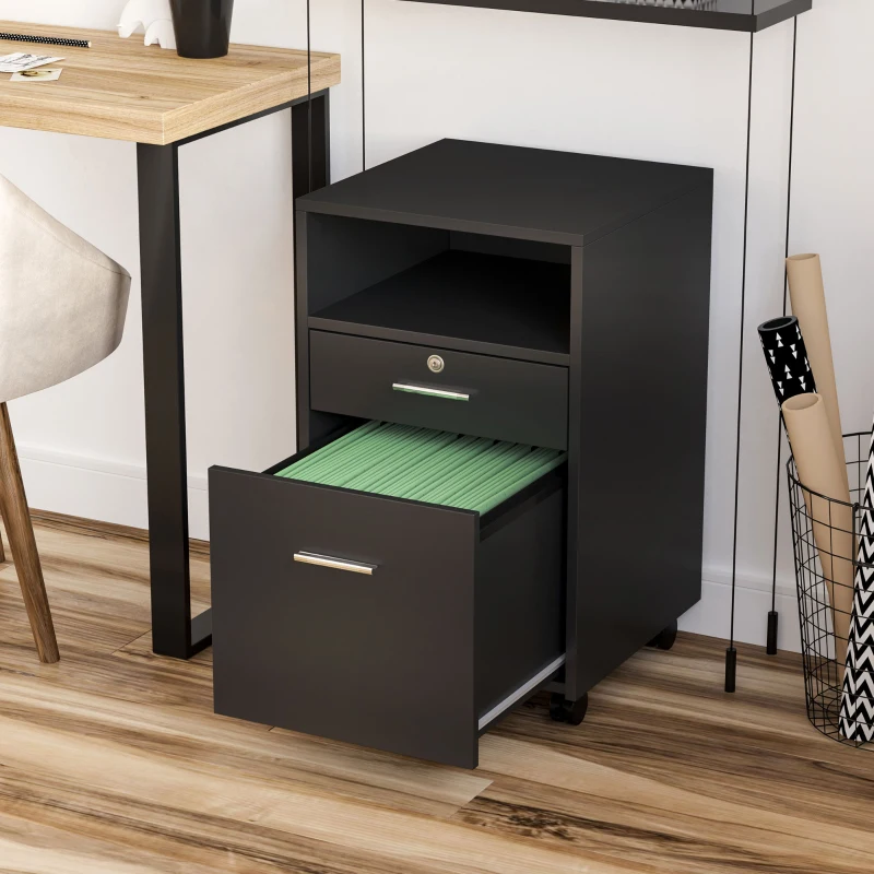 Vinsetto Lockable Two-Drawer Filing Cabinet, with Wheels - Black