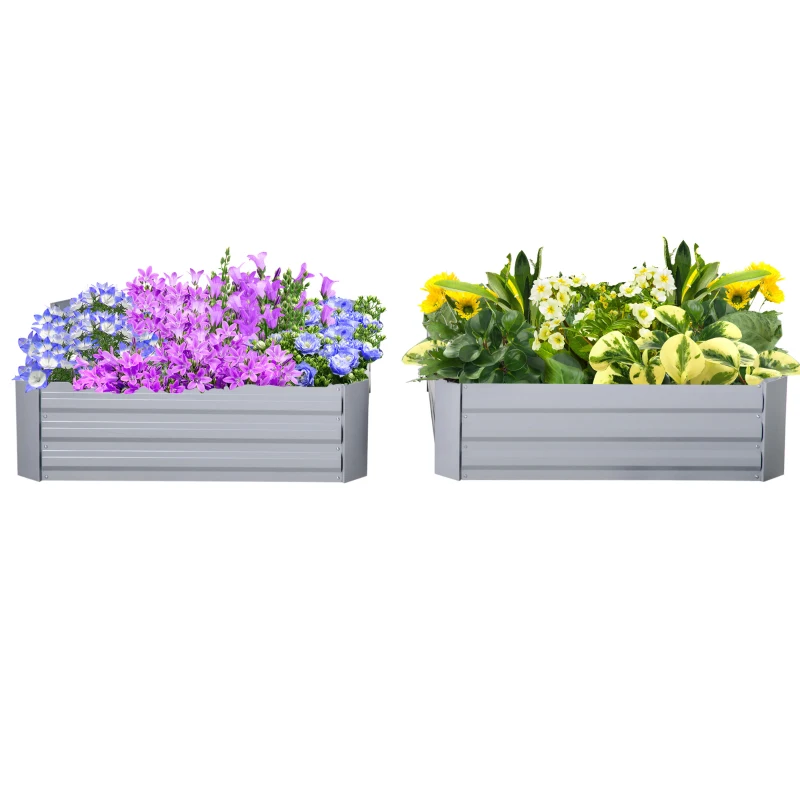 Outsunny Set of 2 291L Raised Garden Bed, Elevated Galvanised Planter Box for Flowers, Herbs, 100x100x30cm, Grey