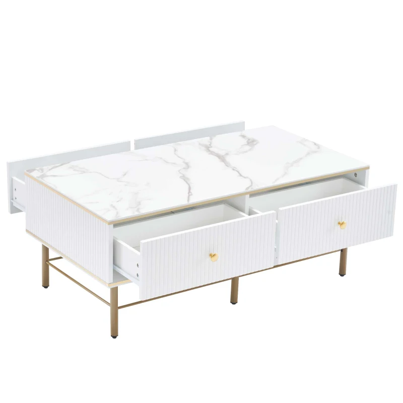 Tavolino da Salotto Moderno in Marmo con 4 Cassetti, Design Rettangolare e Lucido, 105x55x42,5 cm, Bianco