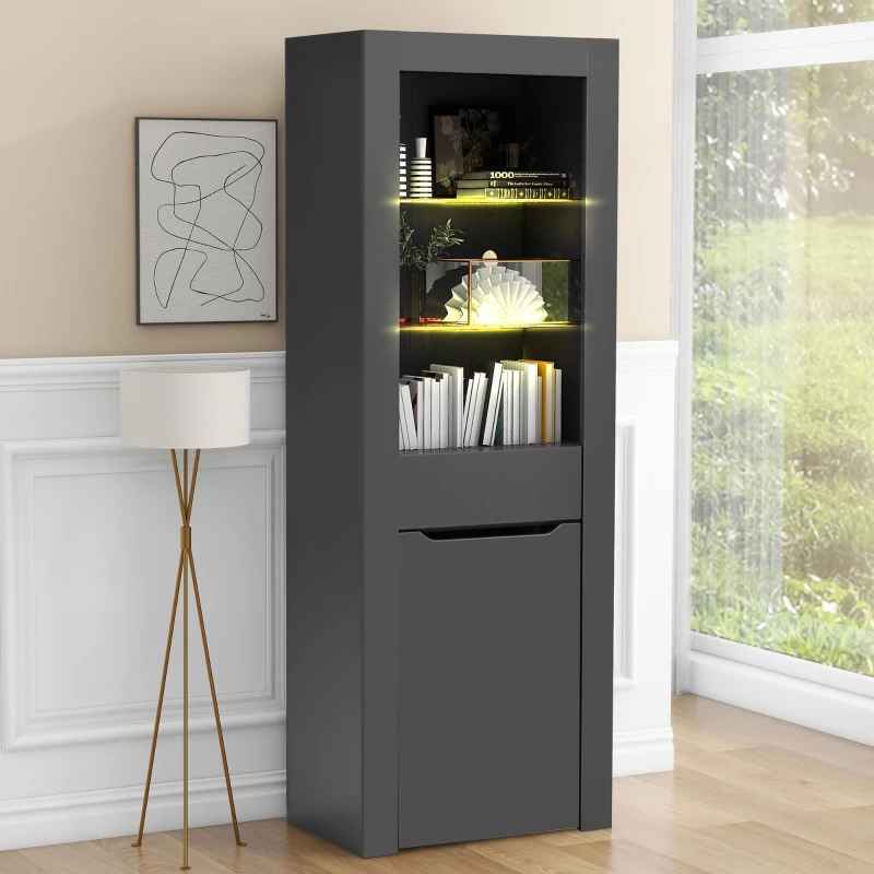 Vetrinetta Moderna con Luci LED e Ripiani Spaziosi, Libreria da Parete Multifunzionale per Libri, per soggiorno, ufficio, 60x35,5x165 cm, Grigio