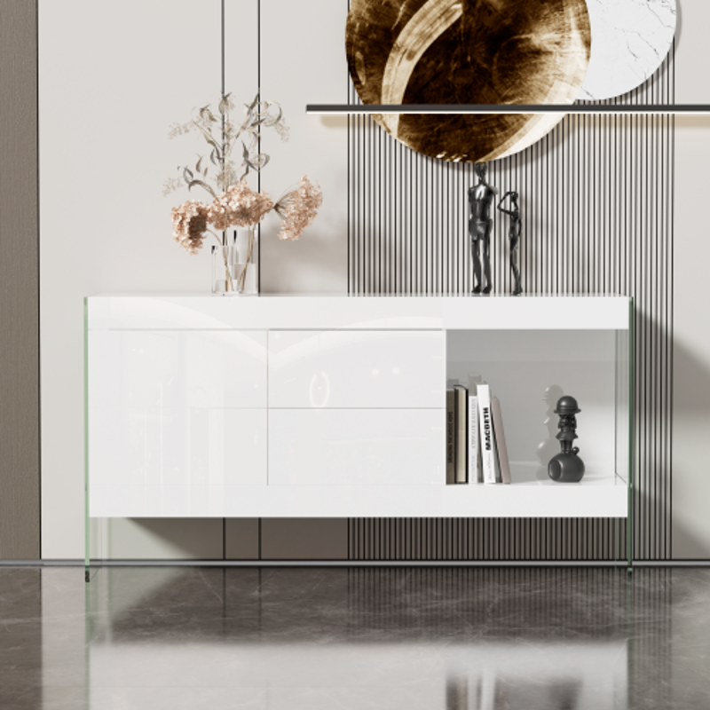 Sideboard mit Glasbeinen, Weiß und Glas