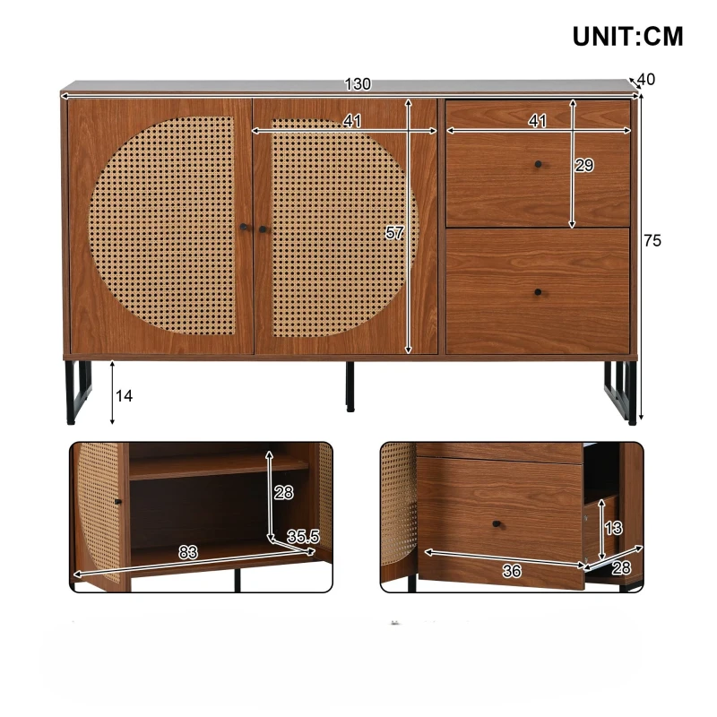 Credenza Moderna per Soggiorno e Cucina, con 2 Ante in Rattan e 2 Cassetti, Maniglie in Metallo, 130x40x75 cm, Colore Noce