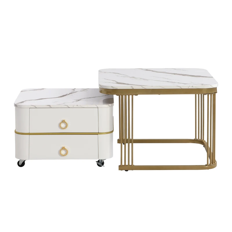 Set di Tavolini da Salotto Impilabili in Marmo Lucido con Accenti Dorati e Cassetti, 60x60x45 cm + 50x50x34 cm, Bianco