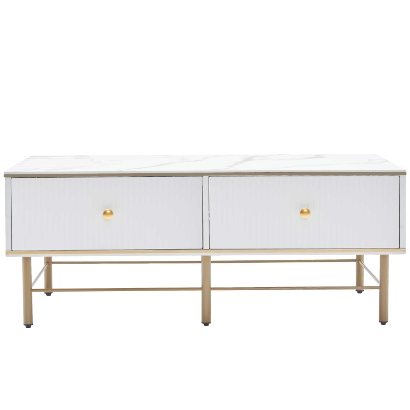 Tavolino da Salotto Moderno in Marmo con 4 Cassetti, Design Rettangolare e Lucido, 105x55x42,5 cm, Bianco