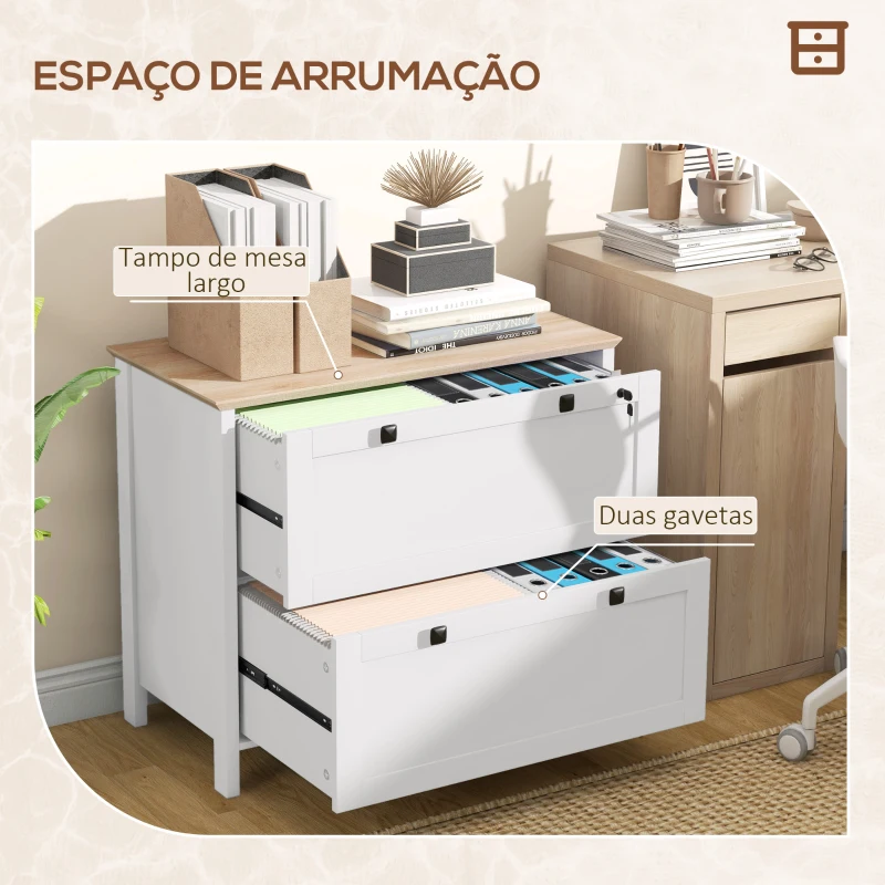 HOMCOM Armário de Escritório Móvel Arquivador com 2 Gavetas 2 Barras Suspensas para Tamanho A4 e 2 Chaves 79x40x72 cm Branco e Madeira