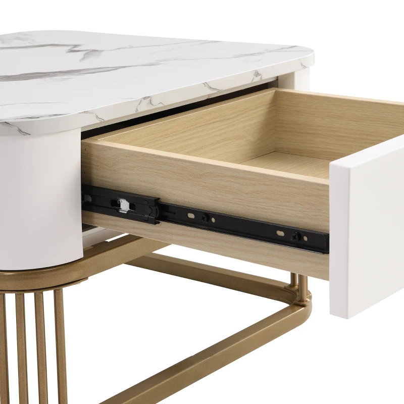 Set di Tavolini da Salotto Impilabili in Marmo Lucido e Vetro con Dettagli Dorati e Cassetti, 60x60x42,5 cm + 50x50x34 cm, Bianco