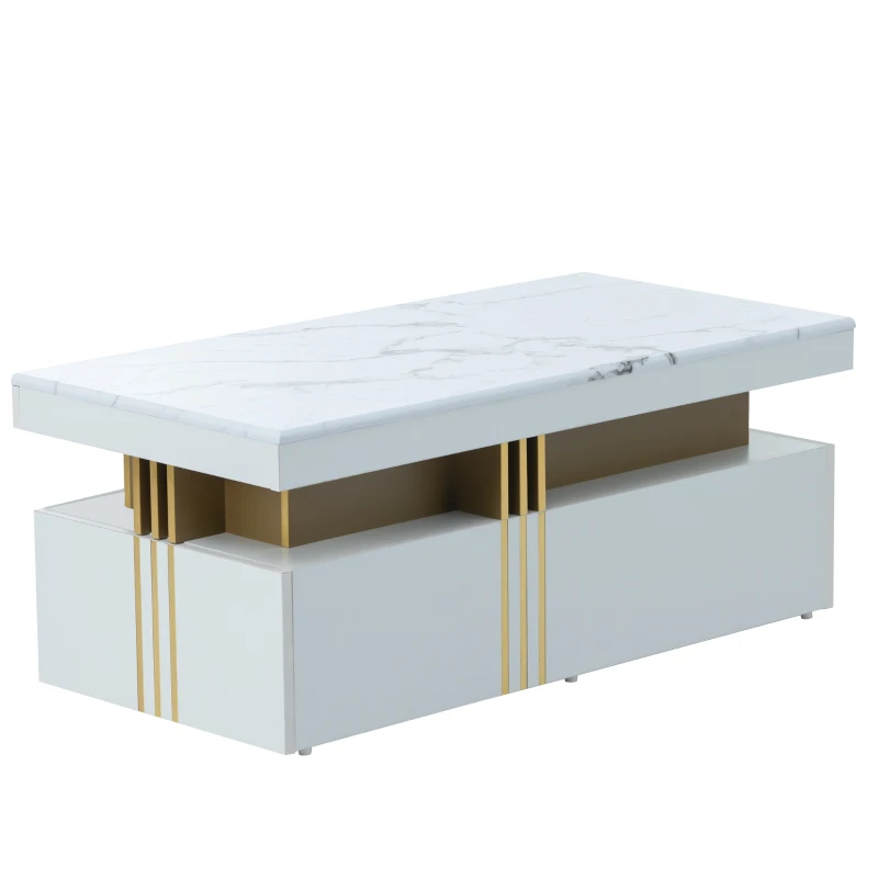 Măsuță de Cafea Modernă Dreptunghiulară cu Blat din PVC Efect Marmură și 2 Sertare din Lemn, 100x50x40 cm, Albă