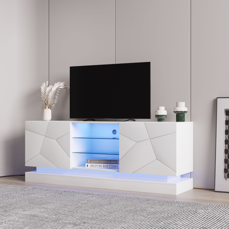 Mobile TV Moderno Bianco Lucido Con Effetto Legno E Ripiani In Vetro, 180 Cm - Per Soggiorno Elegante E Funzionale